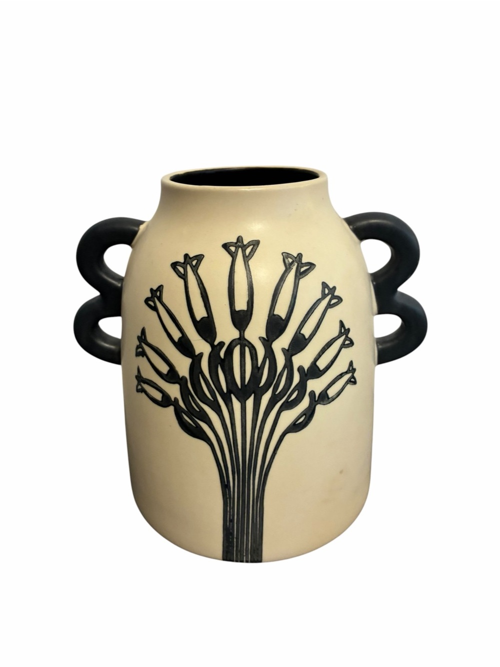 Lori Siebert Artisan Ceramic Vase Cream Black Floral Wavy Handles Modern Decor